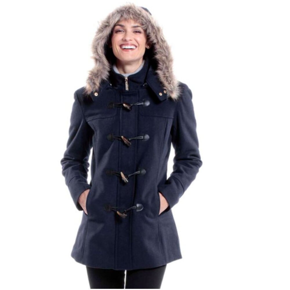 Alpine Swiss Duffy Womens Hooded Parka Fur Trim Wool Coat Toggle Button Jacket L